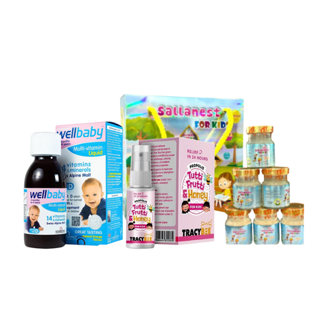 Combo Tăng Đề Kháng, Bổ Sung Vitamin Khoáng Chất Hỗ Trợ Hệ Hô Hấp Bé Khỏe Từ 4 Tháng Tuổi Vitabitics Wellbaby & Tracybee Xịt Keo Ong Trái Cây & Yến Sallanest Kids