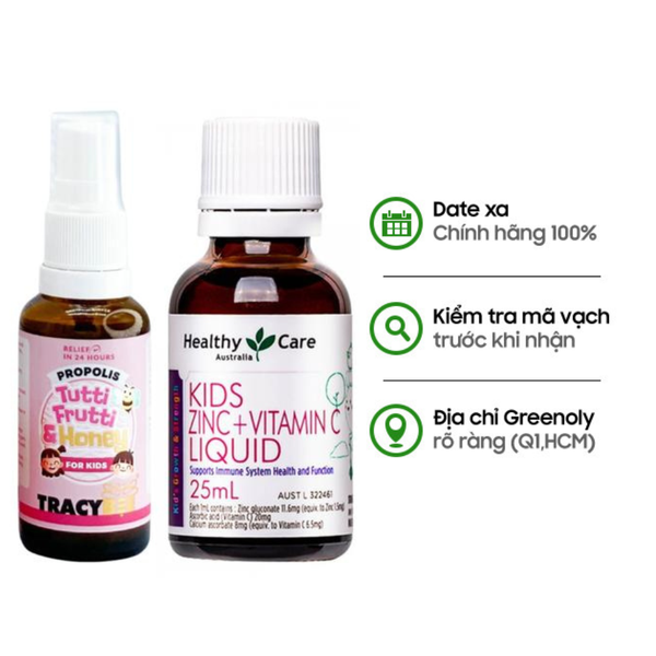 Combo Bảo Vệ Hô Hấp Cho Trẻ - Healthy Care Vitamin C Kẽm, Keo Ong Xanh Tracybee Vị Trái Cây
