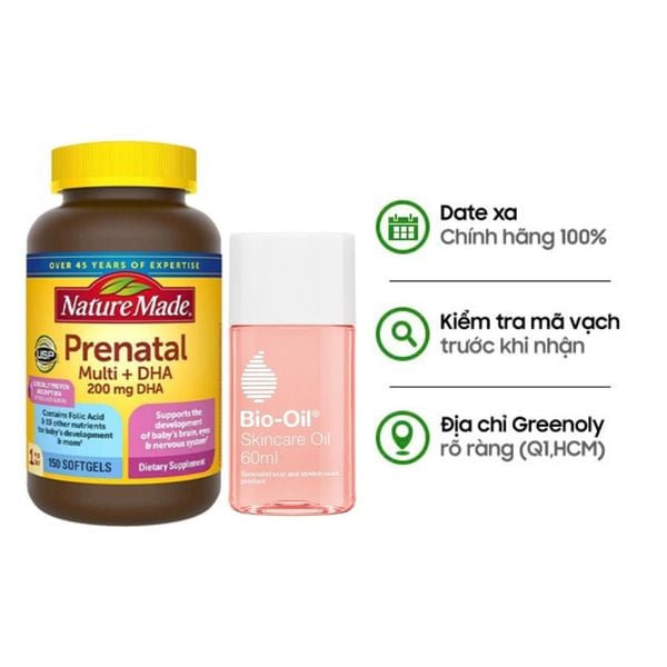 Combo Bio Oil Giảm Rạn Da Và Làm Mờ Sẹo 60ml & Nature Made Bổ Sung Vitamin Mẹ Bầu Prenatal Multi DHA 200mg 150 Viên
