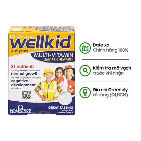 Vitabiotics Viên Nhai Vị Trái Cây Tăng Cường Sức Khỏe, Đề Kháng Cho Trẻ Wellkid Multi-Vitamin Hộp 30 viên