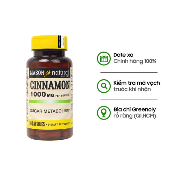 Mason Natural Viên Uống Hỗ Trợ Chuyển Hóa Đường Cinnamon 1000mg 50 Viên