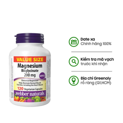 Webber Naturals Viên Uống Magie Dễ Dàng Hấp Làm Dịu Nhẹ Cho Hệ Tiêu Hóa Magnesium Bisglycinate 200mg Hộp 120 Viên