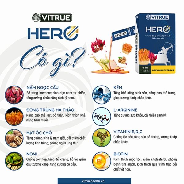 Vitrue Hero Tinh Chất Đông Trùng Hạ Thảo Và Nấm Ngọc Cầu Bổ Sung Nội Tiết Tố Nam Hộp 14 Gói