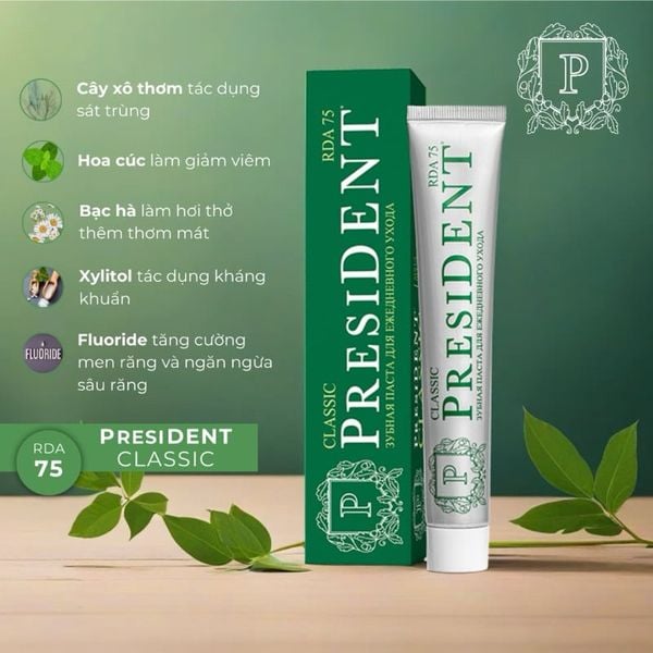 President Kem Đánh Răng Xanh Lá Classic 75 RDA Ngăn Ngừa Sâu Răng Chố Trám, Dùng Hằng Ngày Tăng Cường Men Răng Và Giảm Đau 75g