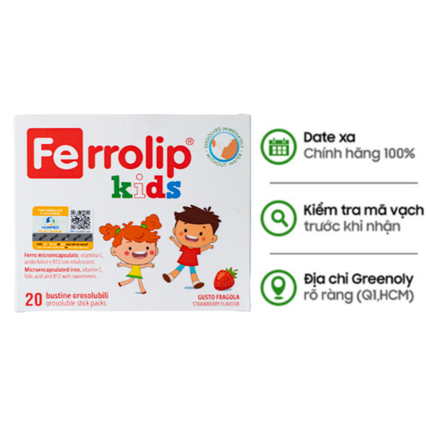 Ferrolip Kids Sắt Sinh Học Dạng Bột Bổ Sung Sắt, Acid Folic, B12 Và Vitamin C Không Gây Nóng Cho Trẻ Hộp 20 Gói