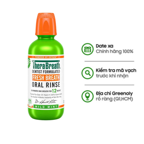 TheraBreath Nước Súc Miệng Hương Bạc Hà Dịu Nhẹ Không Cồn, Không Cay Rát Mind Mint Ngăn Ngừa Sâu Răng, Giảm Vôi Răng Cao Răng Chai 473ml