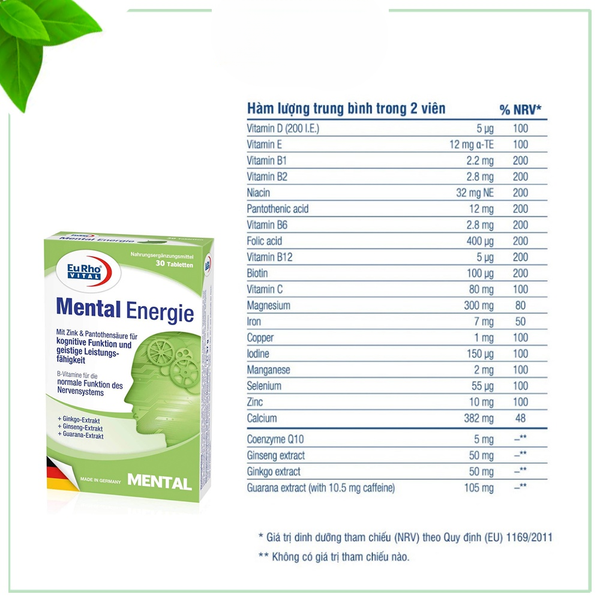 Eurho Vital Viên Uống Bổ Não, Tăng Cường Trí Nhớ Mental Energie 30 Viên