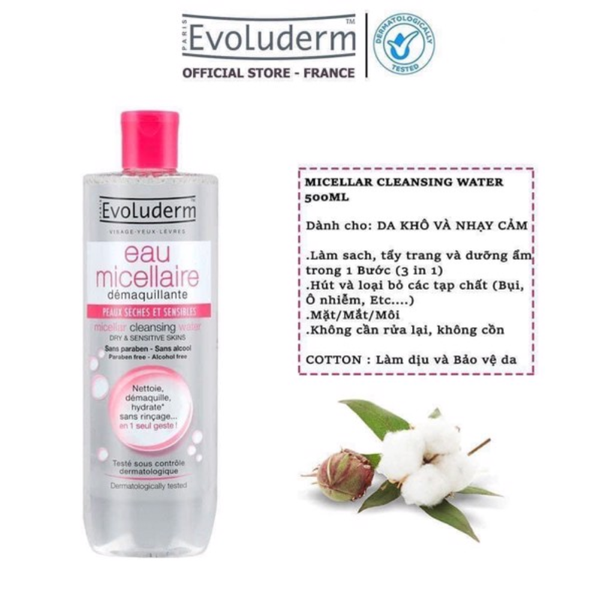 Evoluderm Nước Tẩy Trang Cho Da Khô Và Nhạy Cảm Micellar Cleansing Water Dry & Sensitive Skins 500ml