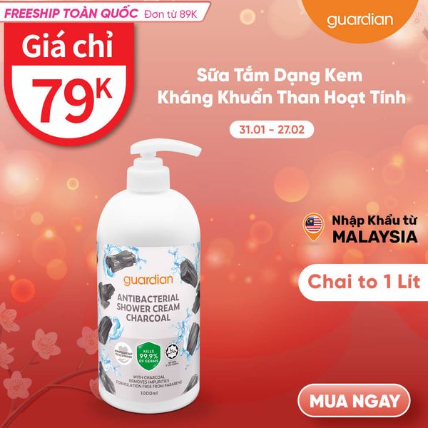 Sữa Tắm Dạng Kem Kháng Khuẩn Guardian Antibacterial Shower Cream Charcoal Than Hoạt Tính 1000Ml