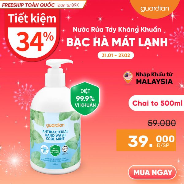 Nước Rửa Tay Kháng Khuẩn Guardian Antibacterial Handwash Cool Mint Bạc Hà Mát Lạnh 500Ml