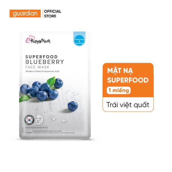 Mặt Nạ Dưỡng Ẩm Happy Mask Superfood Blueberry Face Mask Blueberry Extract & Hyaluronic Acid (HA) Chiết Xuất Việt Quất 25Ml