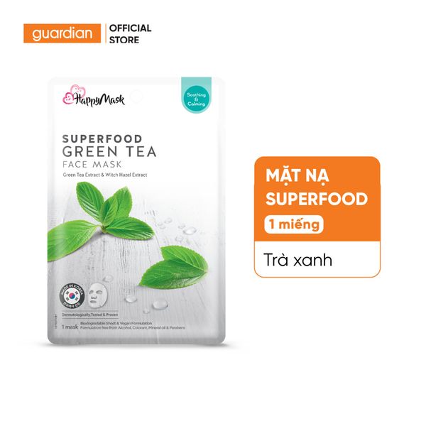 Mặt Nạ Dưỡng Ẩm Và Làm Dịu Da Happy Mask Superfood Green Tea Face Mask Green Tea Extract & Witch Hazel Extract Chiết Xuất Trà Xanh Và Cây Phỉ 25Ml