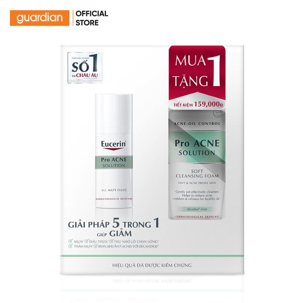 Set Kem Dưỡng Kiểm Soát Nhờn Và Giảm Mụn Pro Acne A.I. Matt Fluid Eucerin 50Ml + Sữa Rửa Mặt Tạo Bọt Dịu Nhẹ Pro Acne Soft Cleansing Foam Eucerin 50G