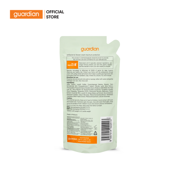  Túi Refill Sữa Tắm Kháng Khuẩn Guardian Antibacterial Shower Cream Maximum Protection Bảo Vệ Tối Ưu 850Ml 