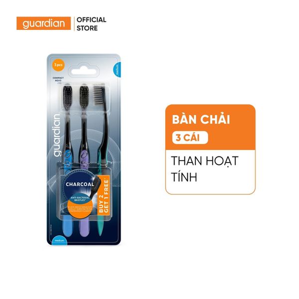 Bàn Chải Đánh Răng Than Hoạt Tính Kháng Khuẩn Guardian Antibacterial Charcoal Toothbrush Medium Cứng Vừa 3 Cây
