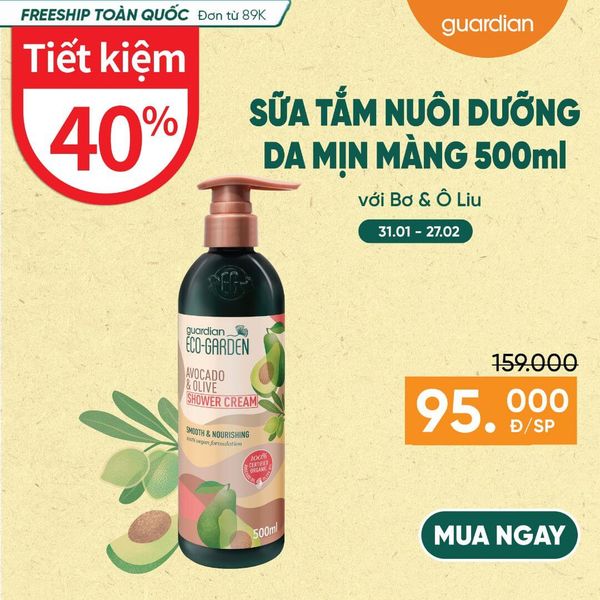 Sữa Tắm Dạng Kem Nuôi Dưỡng Da, Cho Da Mịn Màng Eco Garden Avocado & Olive Smooth & Nourishing Shower Cream Chiết Xuất Từ Bơ Và Ô Liu 500ml