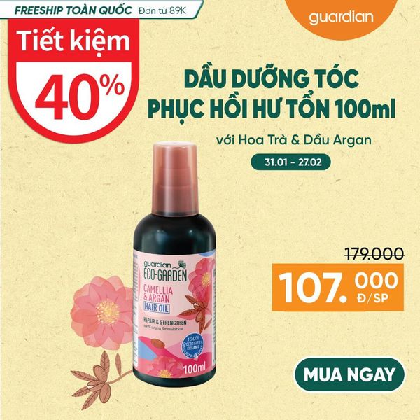 Dầu Dưỡng Tóc Giúp Phục Hồi Hư Tổn, Cho Tóc Chắc Khỏe Eco Garden Camellia & Argan Repair & Strengthen Hair Oil Chiết Xuất Từ Hoa Trà Và Dầu Argan 100ml