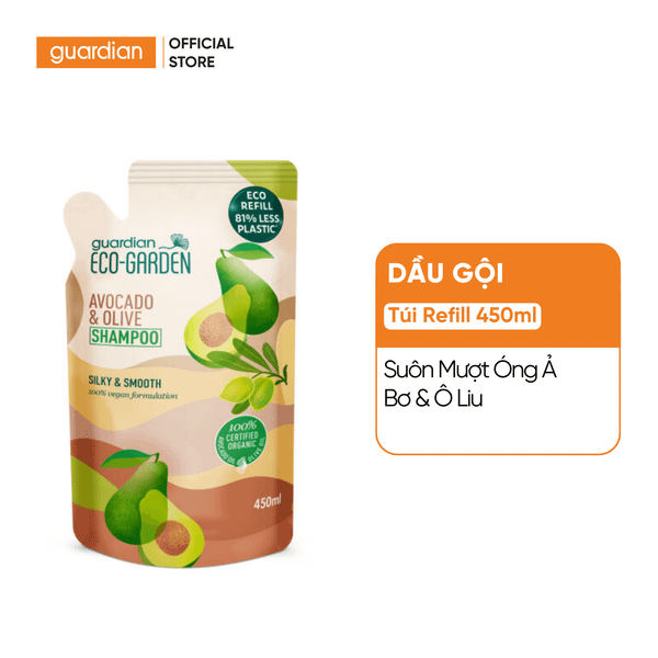 Dầu Gội Suôn Mượt Óng Ả Eco Garden Avocado & Olive Silky & Smooth Shampoo Chiết Xuất Từ Bơ Và Ô Liu Dạng Túi Refill 450ml