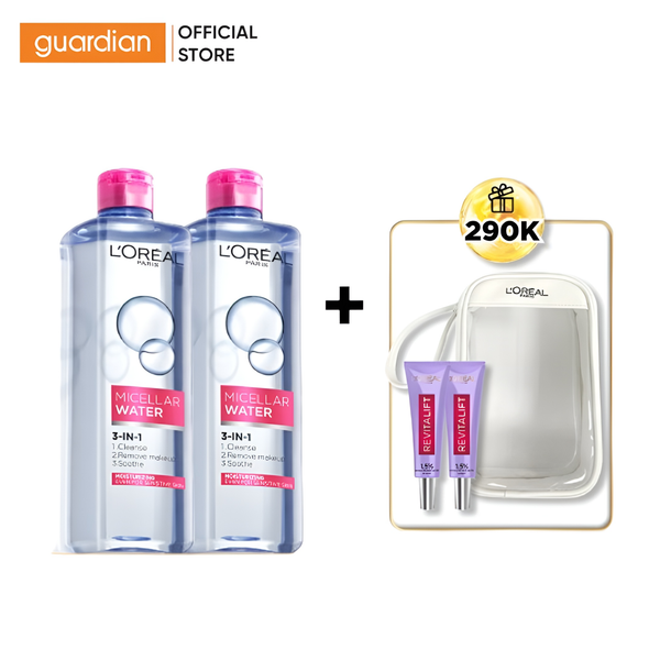 Combo 2 Nước Tẩy Trang Dưỡng Da Mịn Màng L'Oréal Paris Micellar Water 400Ml x 2 Tặng 2 Dưỡng Chất L'Oréal Paris Revitalift Hyaluronic Acid 1.5% Hyaluon Serum 7.5Ml x2 Và Túi