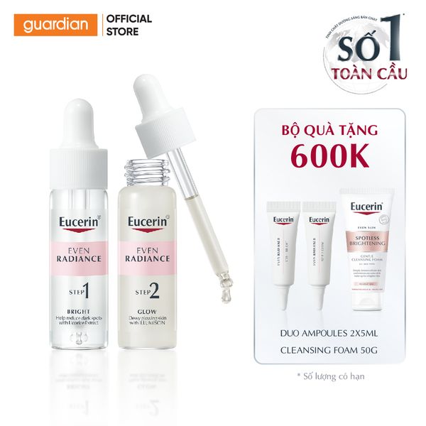 Combo Tinh Chất Dưỡng Sáng, Căng Mướt Da Eucerin Even Radiance Duo Ampoules 2 x 15ml [Tặng Tinh Chất Dưỡng Sáng, Căng Mướt Da Eucerin 2 x 5ml + Sữa Rửa Mặt Dưỡng Sáng Eucerin 50g]