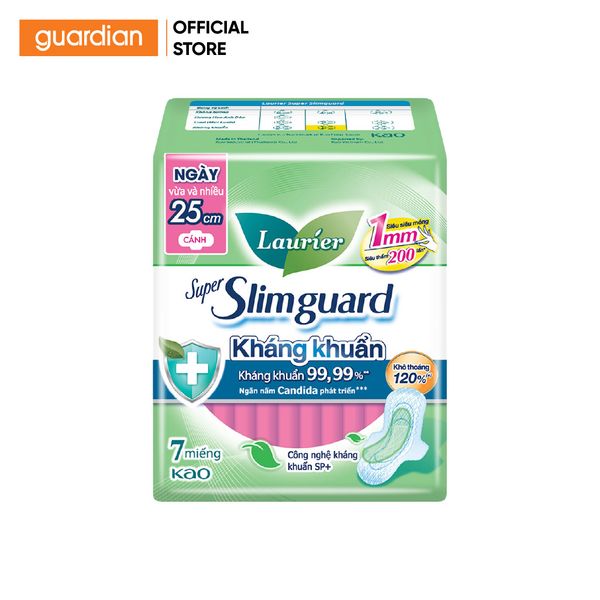 Băng Vệ Sinh Kháng Khuẩn Siêu Mỏng Cánh 25Cm Super Slimguard Laurier 7 Miếng