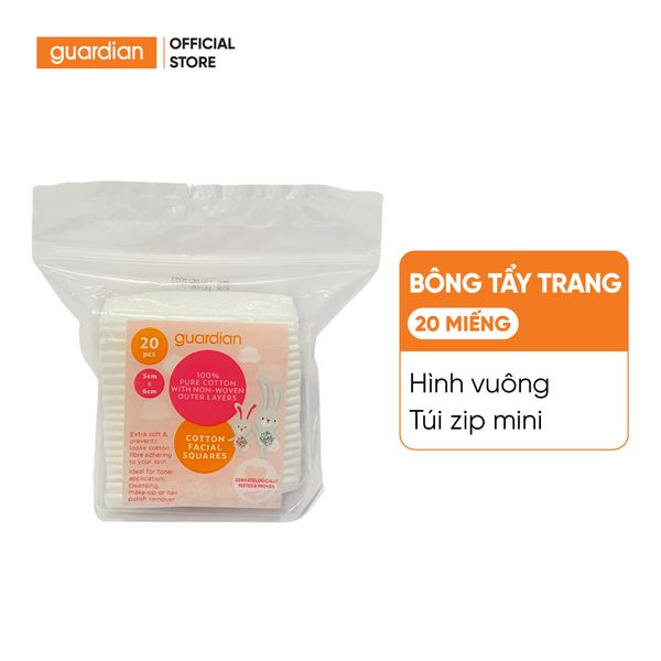 Bông Tẩy Trang Hình Vuông Viền Ép 4 Cạnh Guardian Facial Square Túi Zip 20 Miếng (Zip Lock Bag)