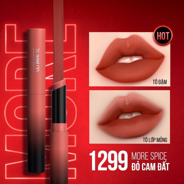  Son Thỏi Lì Maybelline Color Sensational Ultimatte Lipstick 1299 More Spice Đỏ Cam Đất 1,7Gr 