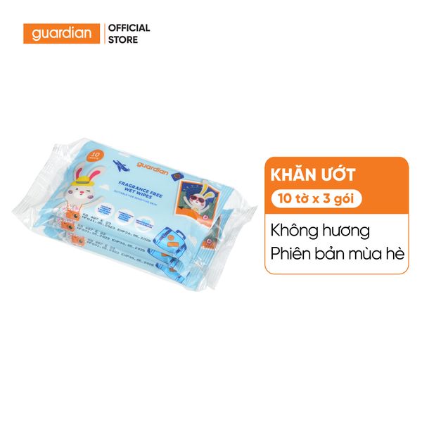 Khăn Ướt Guardian Fragrance Free Wet Wipes Không Hương 10 Tờ X 3 Gói (Phiên Bản 2023)