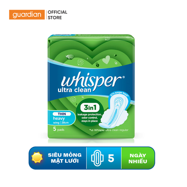Băng Vệ Sinh Whisper Siêu Mỏng Có Cánh Cho Ngày Nhiều Ultra 28Cm Gói 5 Miếng