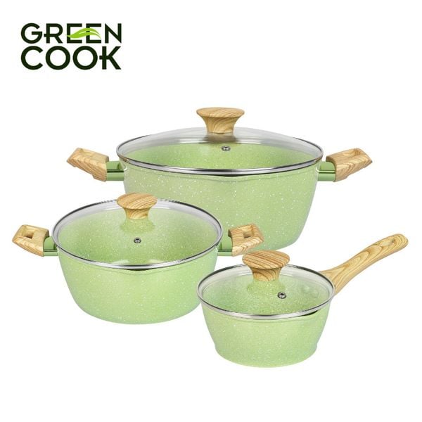 Bộ nồi đúc men đá ceramic miệng rót Green Cook GCS231 màu xanh 10 lớp chống dính sử dụng được trên tất cả các loại bếp - greencook
