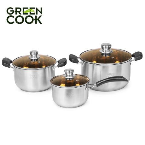 Bộ nồi inox 3 đáy Green Cook GCS08-T1 gồm 3 món (2 nồi 1 quánh) sử dụng được trên bếp từ