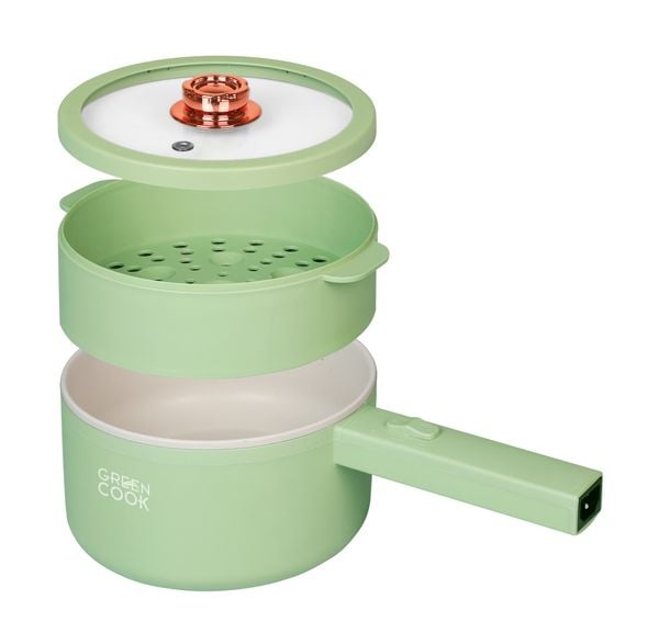 Nồi điện đa năng Green Cook, lớp chống dính tráng men, điều chỉnh nhiệt độ hai mức độ, tay cầm dài tiện lợi