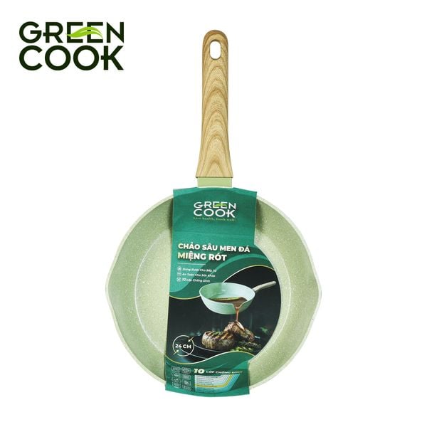 Chảo nhôm sâu men đá ceramic miệng rót Green Cook GCP231-24IH màu xanh 10 lớp chống dính sử dụng được trên tất cả các loại bếp - greencook