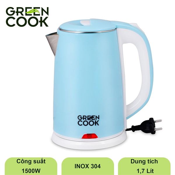 Bình đun siêu tốc inox 304 cao cấp 2 lớp chống bỏng 1,7L Green Cook GCEK-17S15D màu xanh