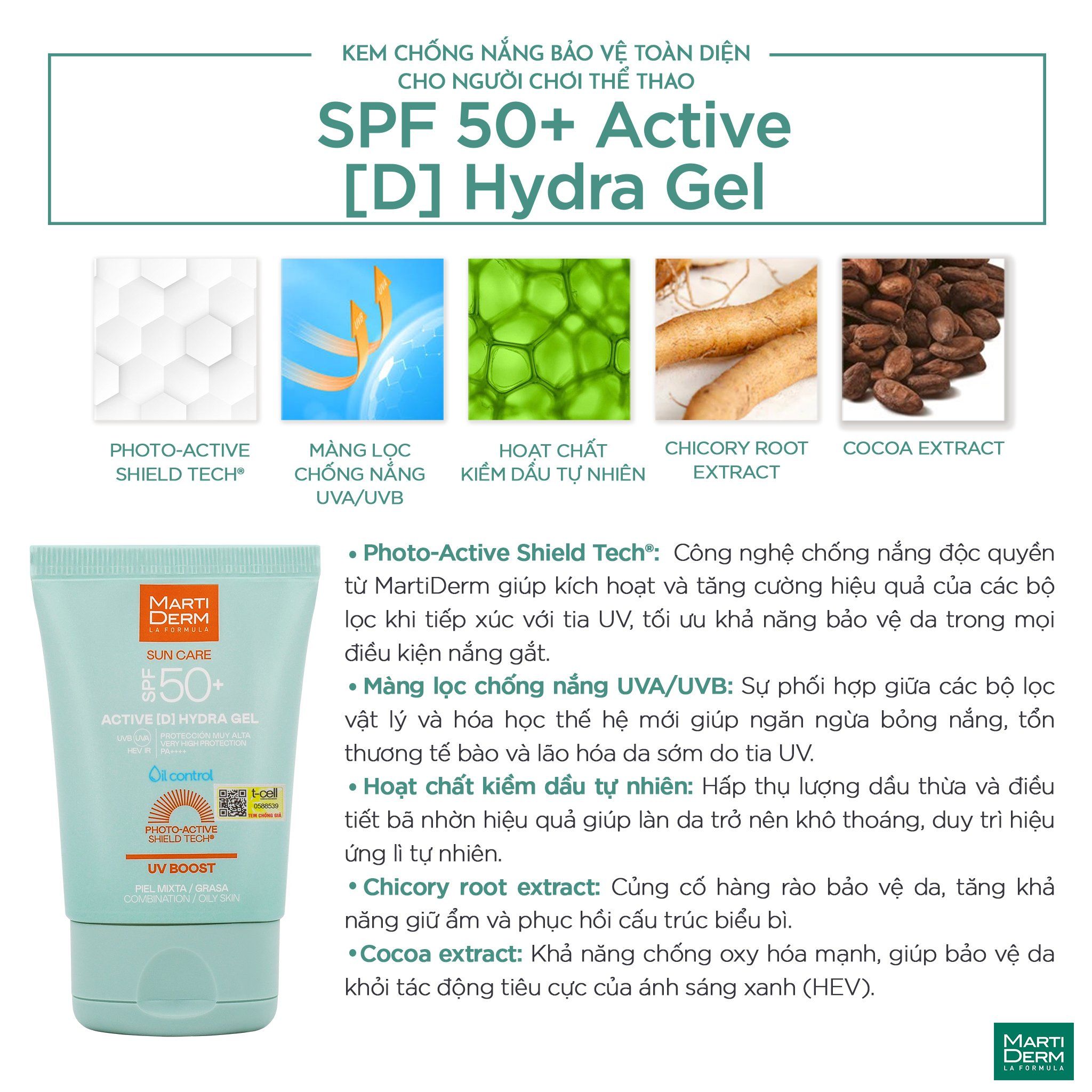  Kem Chống Nắng bảo vệ toàn diện cho người chơi thể thao - MartiDerm SPF 50+ Active [D] Hydra Gel 