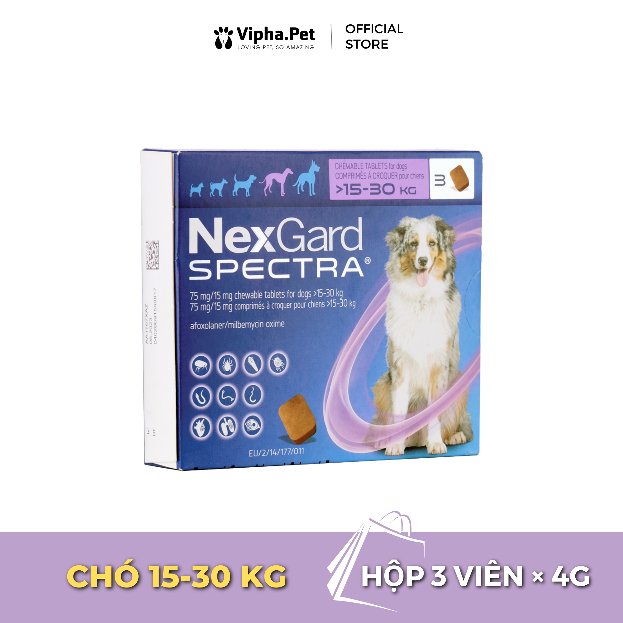  NexGard SPECTRA - Viên nhai phòng & trị nội, ngoại ký sinh dành cho chó size L (15 - 30kg) 
