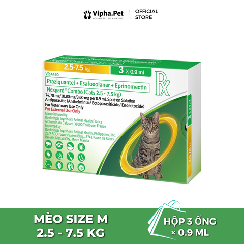 NexGard COMBO - Ống nhỏ gáy phòng & trị nội, ngoại kí sinh dành cho mèo size M (2.5 - 7,5kg) - 1 hộp 3 ống 0,9ml