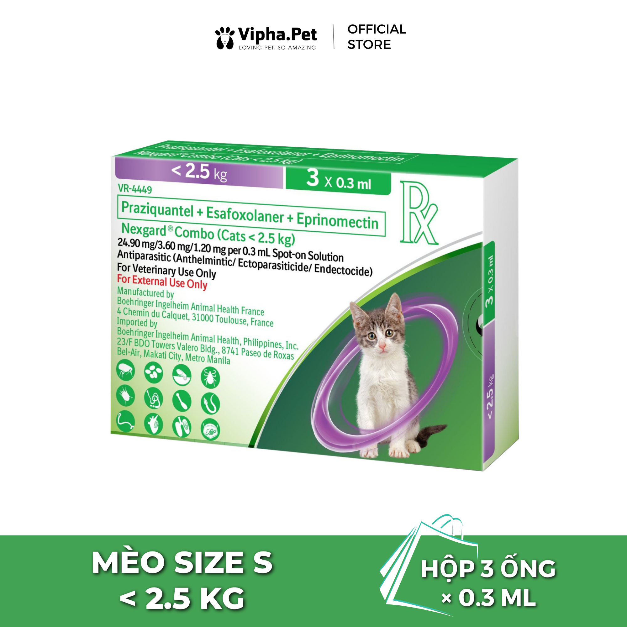  NexGard COMBO - Ống nhỏ gáy phòng & trị nội, ngoại kí sinh dành cho mèo size S (<2.5kg) - 1 hộp 3 ống 0,3ml 