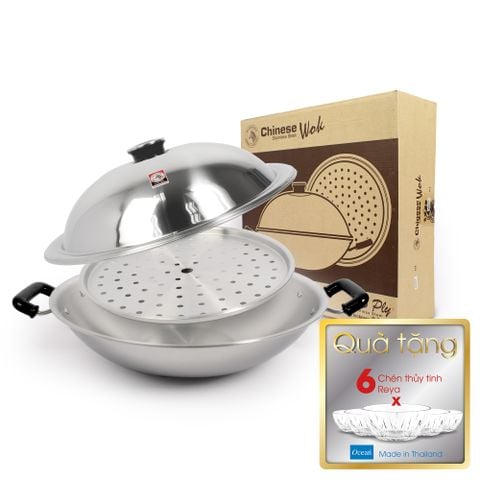 Chảo Inox Wok đại 38cm có vỉ hấp - 176201 - CZT