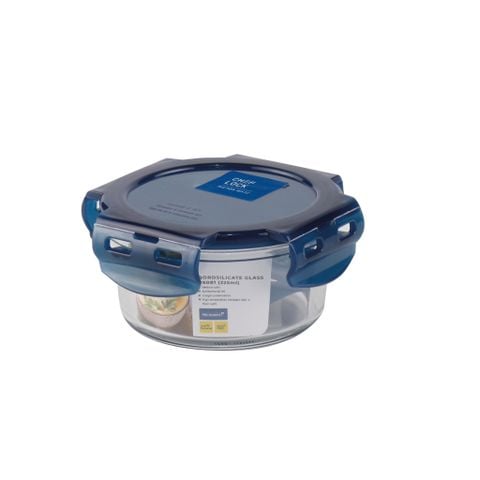 Hộp thủy tinh tròn MICRONWARE Chef Lock 325ml - 6081 || MICRONWARE Chef Lock glass food container with blue lid 325ml - 6081