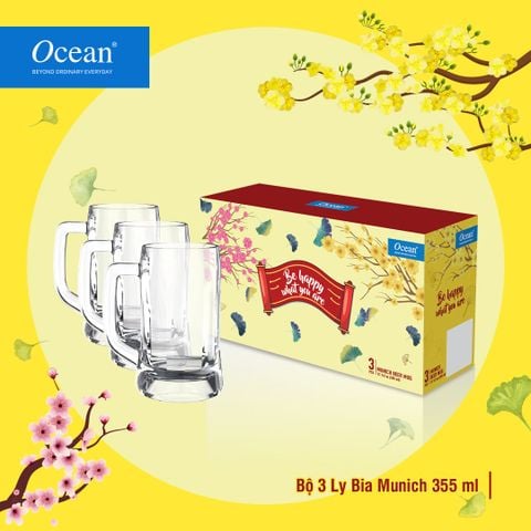 Bộ 3 ly bia thủy tinh Ocean Munich 355ml - 5P0084003G0000 || Set of 3 Munich beer mug 355ml - 5P0084003G0000