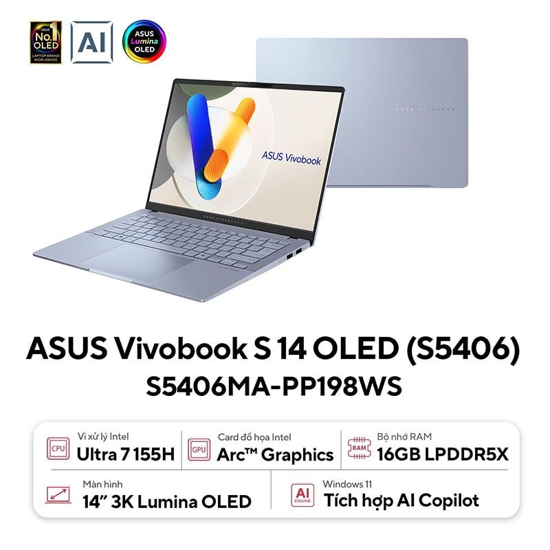  Laptop ASUS Vivobook S 14 OLED S5406SA-PP060WS (Intel Core Ultra 5 226V | 16GB | 512GB | Intel Arc | 14 inch 3K OLED| Win 11 | Office | Xanh) 