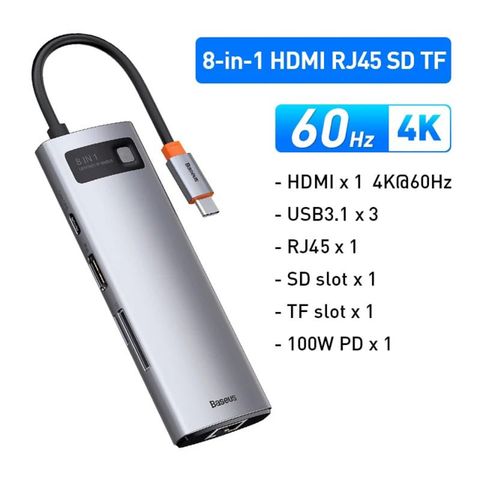  Hub Baseus StarJoy 8-Port Type-C HUB Adapter Type-C to HDMI4K@60Hz*1+USB3.1*3+PD*1+RJ45*1+SD/TF*1 ( LVM030-8P-31 ) 