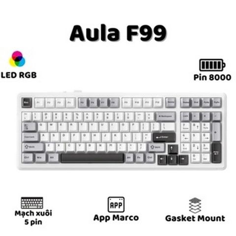 AULA F99 PRO (mạch xuôi, có hotswap ,LED RGB ) – Trắng-xám 