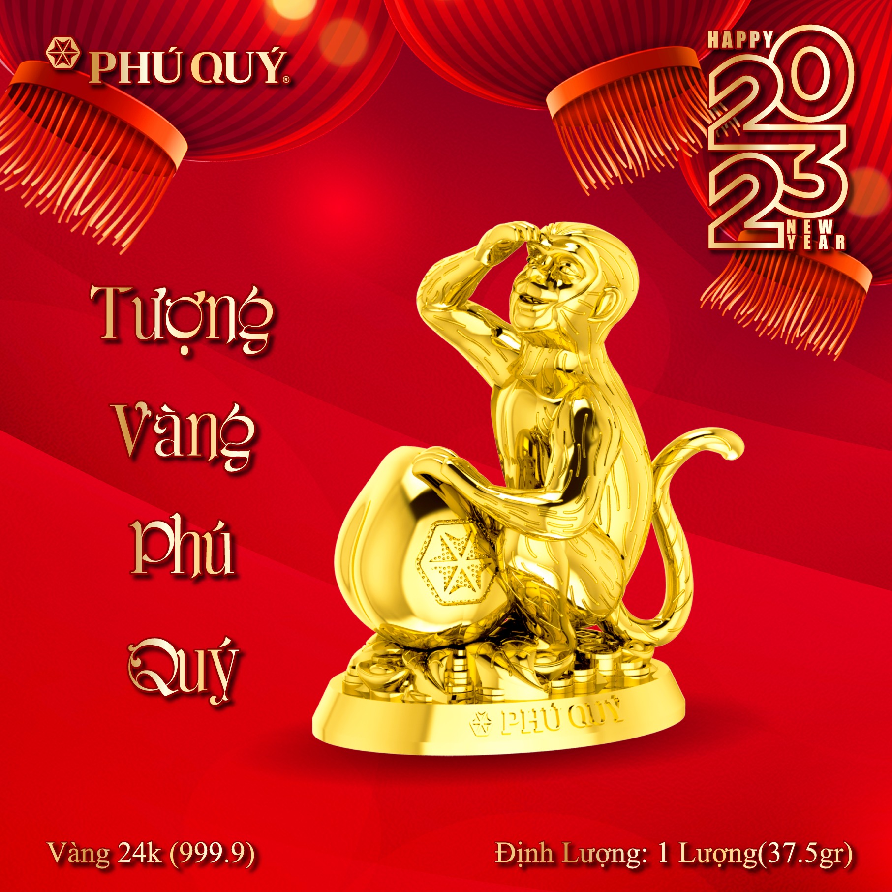 Khỉ vàng 24K (999.9) - Tượng con giáp Phú Quý