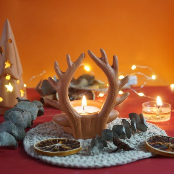  Đế Bỏ Nến Tealight Đất Nung - Sừng Tuần Lộc - DN39 