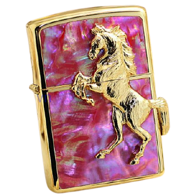 BẬT LỬA ZIPPO USA XUẤT NHẬT MẠ VÀNG NGỰA NỔI NỀN KHẢM XÀ CỪ ĐỎ SANG TRỌNG - ZN95