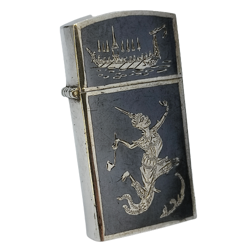 Bật Lửa Bạc Thái Đúc Nguyên Khối Bản Slim SX Thủ Công Thập Niên 1960s BK27