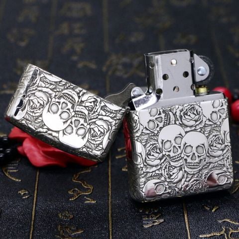 Bật Lửa Zippo Bạc Nguyên Khối Cao Cấp Khắc Năm Mặt Đầu Lâu Hoa Hồng Vỏ Dày Armor 5 mặt -ZB24