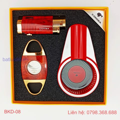 BỘ BẬT LỬA KHÒ XÌ GÀ 3 TIA + DAO CẮT + GẠT TÀN ( CIGAR ) COHIBA CÁC MẦU BKDG-08